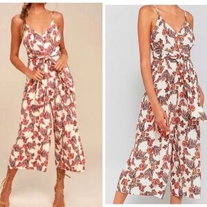 Free People hot tropics jumpsuit sleeveless V neck wide leg belt palms 8 medium